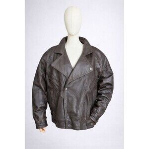 IOU Vintage Brown Leather Motorcycle Jacket Asymmetrical Biker Size L Unisex